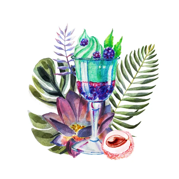 Watercolor tropical illustration with ice cream, fruits and flowers