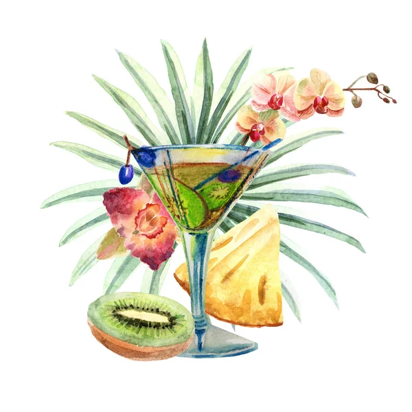 Акварельна тропічна ілюстрація з літнім коктейлем, фруктами та квітами — стокове фото