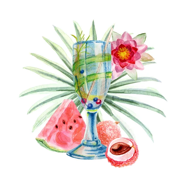 Watercolor tropical illustration with summer cocktail, fruits and flowers