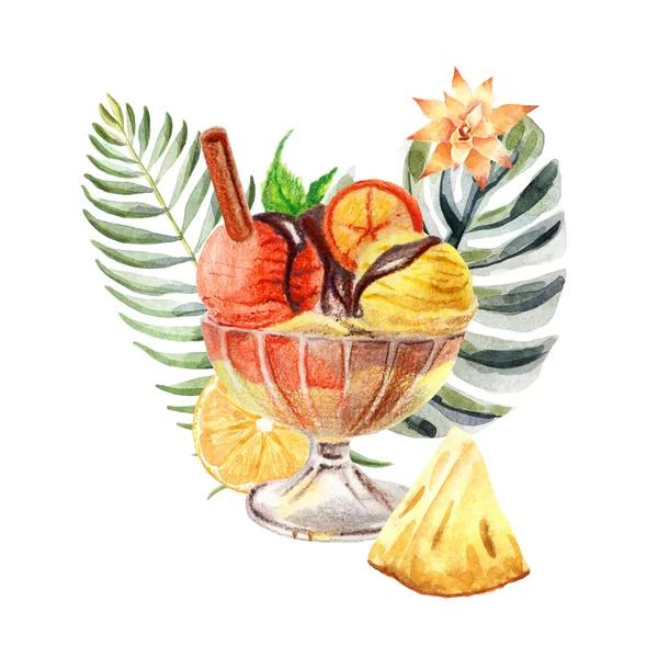 Akvarell trópusi illusztráció fagylalttal, gyümölcsök és virágok — Stock Fotó