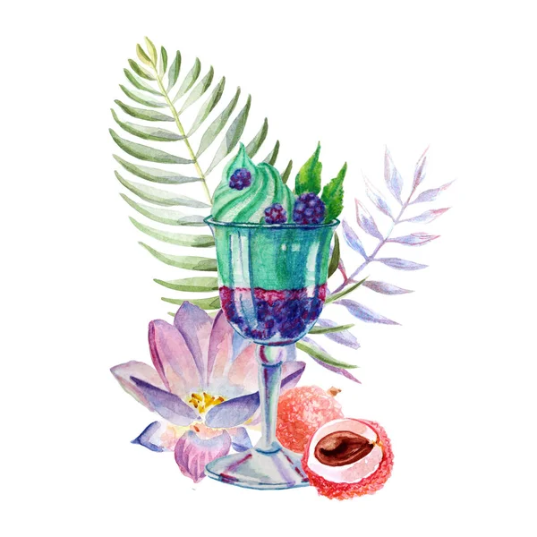 Акварель тропическая иллюстрация с десертом мороженого, фруктами и цветами — стоковое фото