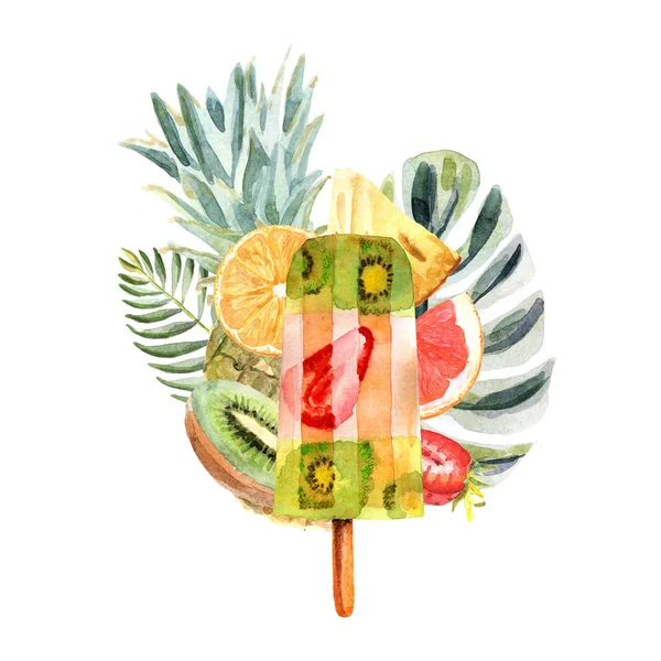 Watercolor tropical illustration with fruit ice, fruits and flowers