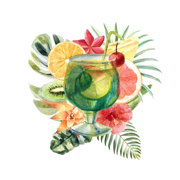 Aquarell tropische Illustration mit Sommercocktail, Früchten und Blumen — Stockfoto