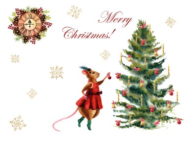 Noel ağacı ve güzel fare ile Suluboya Noel kartı