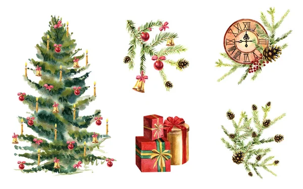 Beyaz arka planda Noel kompozisyonları suluboya koleksiyonu