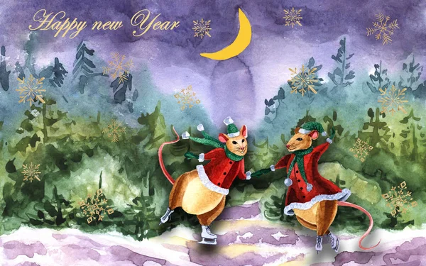 Güzel paten fare bir çift suluboya Noel kartı