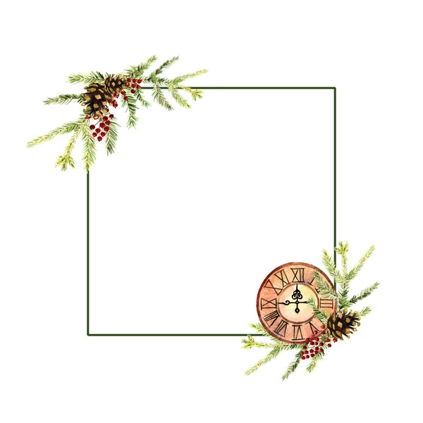 Akwarela Christmas wieniec z ostrokrzew, poinsettia, szyszki jodły, czerwone jagody, gałęzie jodły i zegar — Zdjęcie stockowe
