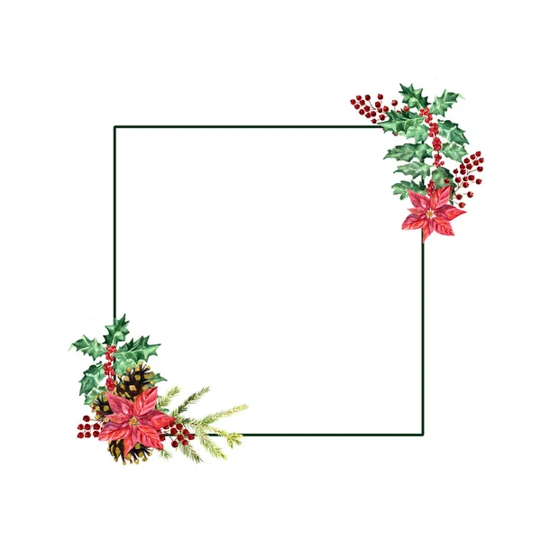 Akwarela Christmas wieniec z ostrokrzew, poinsettia, szyszki jodły, czerwone jagody, gałęzie jodły — Zdjęcie stockowe