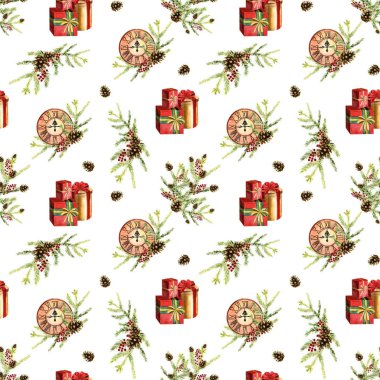 Noel saatleri ile Suluboya Noel dikişsiz desen