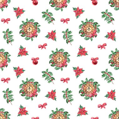 Noel saatleri ile Suluboya Noel dikişsiz desen