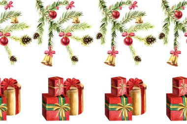 Köknar brunch esneme ve hediye kutuları ile Suluboya Noel dikişsiz desen