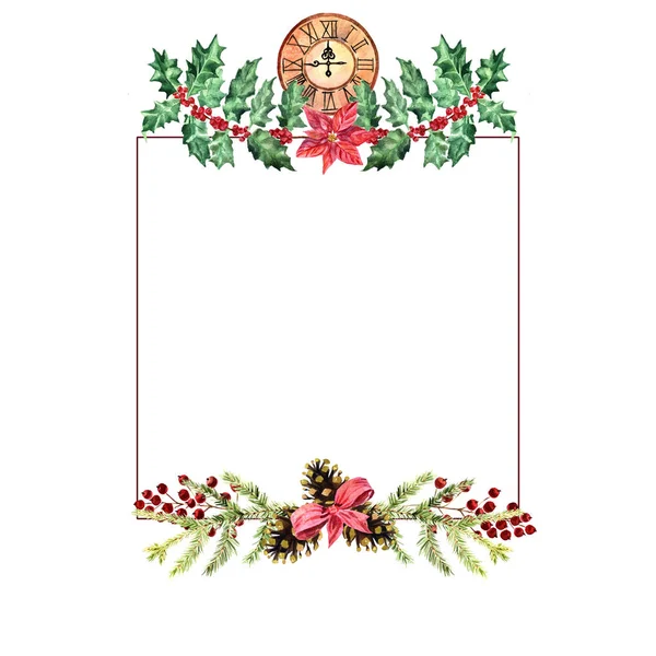 Watercolor Christmas wreath with holly, poinsettia, fir cones, red berries, fir branches and clock — Stock Photo, Image