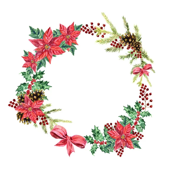 Watercolor Christmas wreath with holly, poinsettia, fir cones, red berries, fir branches — Stock Photo, Image