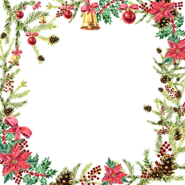 Akwarela Christmas wieniec z ostrokrzew, poinsettia, szyszki jodły, czerwone jagody, gałęzie jodły i bombki — Zdjęcie stockowe