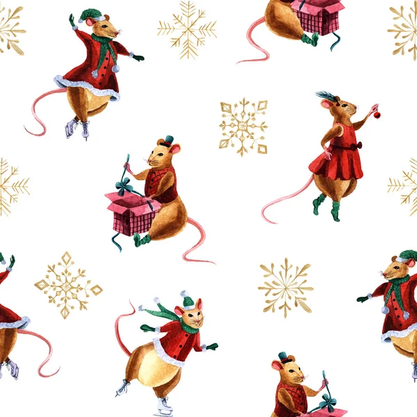 Acquerello modello senza cuciture di Natale con graziosi topi — Foto Stock