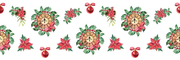 Akwarela Christmas bezszwowe wzór z zegarem Bożego Narodzenia i poinsettia — Zdjęcie stockowe