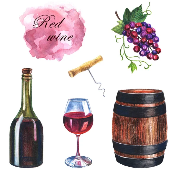 Watercolor hand drawn set of red wine on a white background — Stock Photo, Image