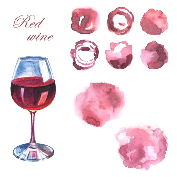 Una copa de vino tinto y abstracto dibujado a mano manchas de acuarela rosa sobre un fondo blanco —  Fotos de Stock