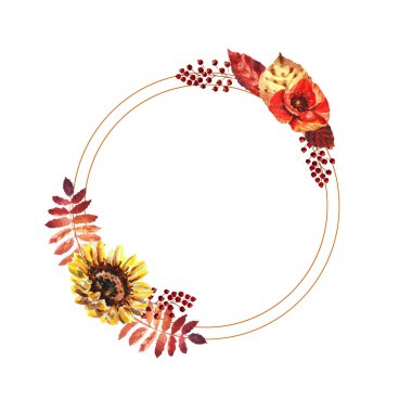 Yaprakları, çilek ve çiçeklerile Suluboya sonbahar daire çerçeve