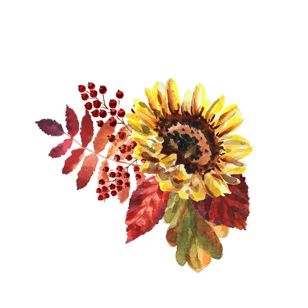 Aquarell Herbst Komposition mit Blume und Blättern auf weißem Hintergrund — Stockfoto