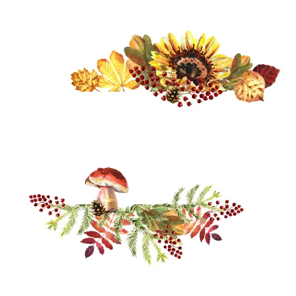 Akwarela Jesienna rama z liści, jagód i grzybów — Zdjęcie stockowe