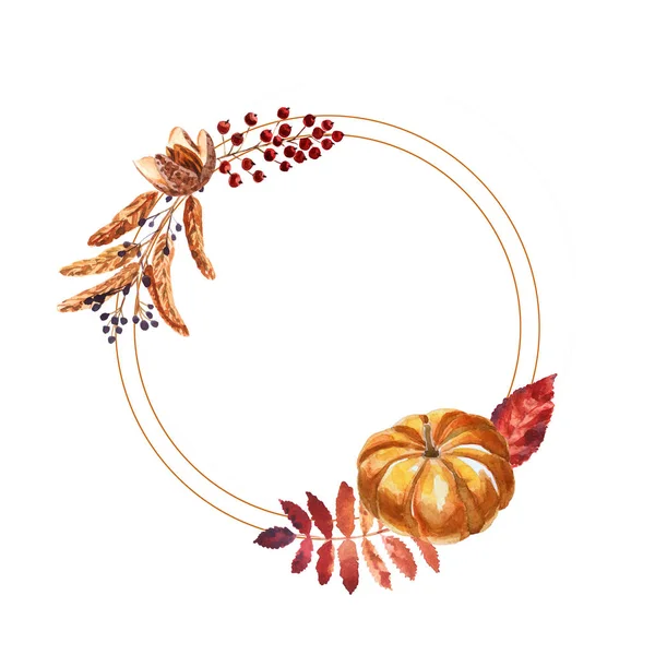 Marco de círculo de otoño de acuarela con hojas, bayas y calabaza —  Fotos de Stock