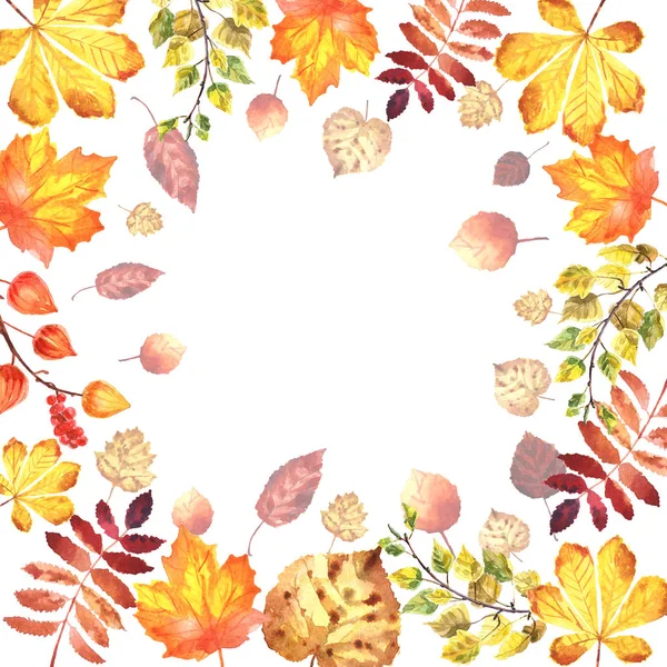 Akvarell őszi keret, fehér háttérrel izolált levelekkel — Stock Fotó