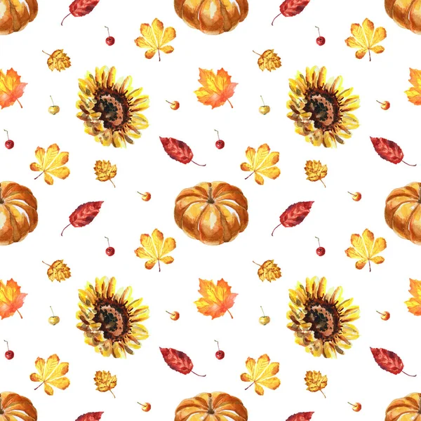 Watercolor autumn seamless pattern with leaves, pumpkins and sunflowers isolated on a white background — Stock Photo, Image