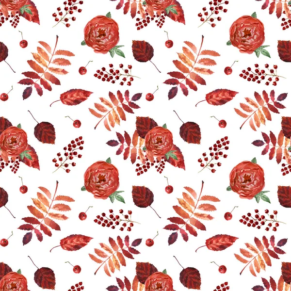 Watercolor autumn seamless pattern with leaves, red peonies and red berries isolated on a white background