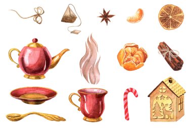 Suluboya çay seti, kırmızı şeker, ahşap lamba ve baharat. Set beyaz bir arkaplanda izole edildi.