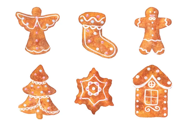 Biscotto allo zenzero disegnato a mano ad acquerello ispirato alle festività natalizie. Carino panificio vacanza isolato su uno sfondo bianco — Foto Stock