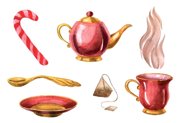 Conjunto de chá aquarela com bule, xícara de chá, pires, colher de chá, saco de chá e doces vermelhos. O conjunto isolado em um fundo branco . — Fotografia de Stock