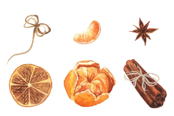 Set acquerello con mandarino, una fetta di mandarino, arancia secca e cannella isolata su fondo bianco . — Foto Stock