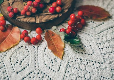 Beyaz bir openwork peçete üzerinde yaprakları ve çilek Sonbahar kompozisyon