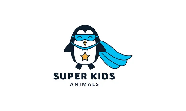 Tučňák Jako Superhrdina Roztomilé Kreslené Logo Vektorové Ilustrace — Stockový vektor