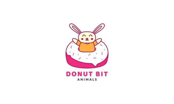 Coniglio Coniglio Animale Domestico Con Ciambella Carino Cartone Animato Logo — Vettoriale Stock