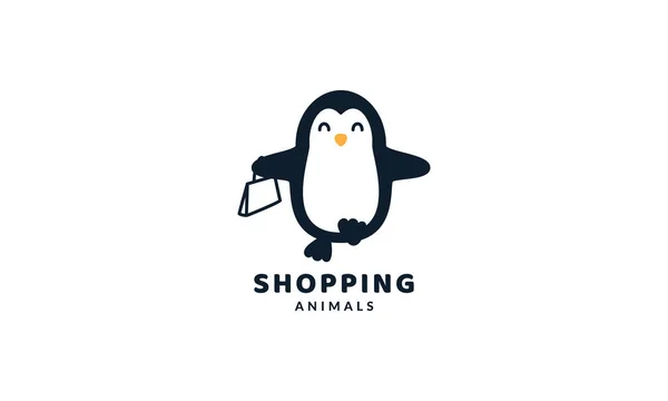 Pingouin Avec Shopping Illustration Vectorielle Logo Mignon — Image vectorielle