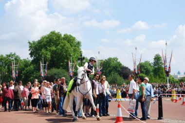 Buckingham Sarayı'nda turistlerle konuşan kadın at polisi, Londra, İngiltere