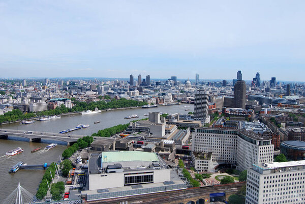 View from London Eye on City skyscrapers, London, UK