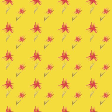 sarı arka plan üzerinde kırmızı çiçekler ile sorunsuz el çizilmiş güzel suluboya çiçek deseni