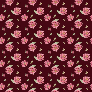 bordo arka plan üzerinde pembe şakayık ile sorunsuz el çizilmiş güzel suluboya çiçek deseni