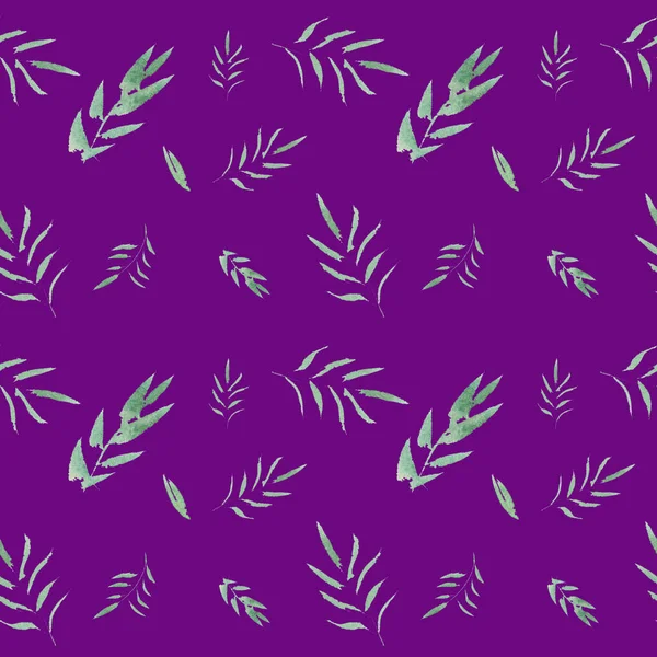 Seamless Hand Drawn Beautiful Watercolor Floral Pattern Green Leaves Purple — Stock Photo, Image