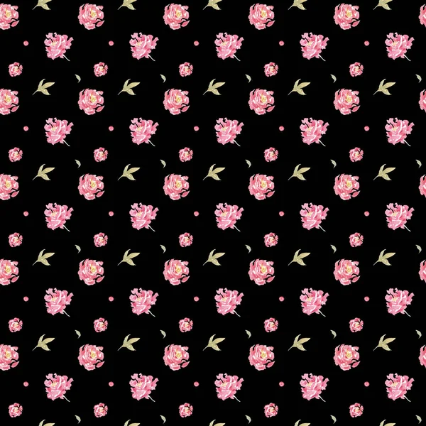 无缝手绘制美丽的水彩花卉图案与粉红色牡丹在黑色背景 — 图库照片