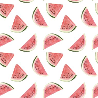 beyaz arka plan üzerinde karpuz dilimleri ile sorunsuz el çizilmiş güzel suluboya tropikal desen