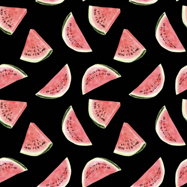 seamless hand drawn beautiful watercolor tropical pattern with watermelon slices on black background