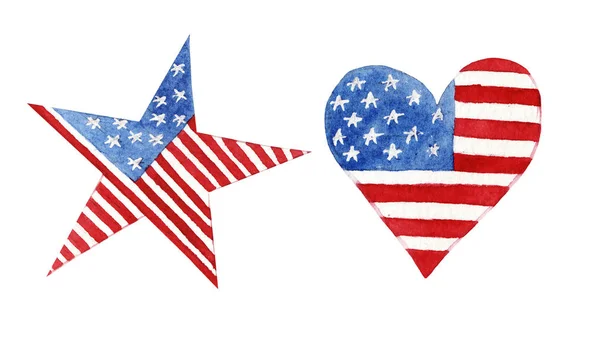 白い背景に隔離されたアメリカの旗を持つ手描き水彩のハートと星 単一のオブジェクト グリーティングカードの要素 バナー — ストック写真