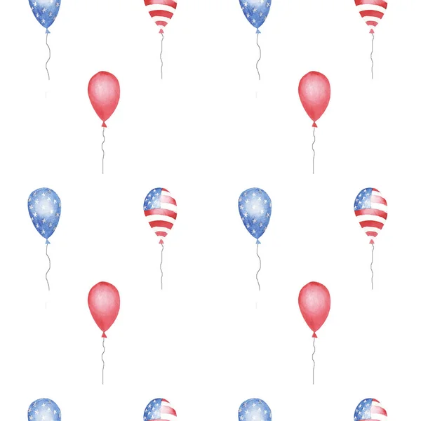 白い背景に赤 縞模様と星の風船と手描き水彩シームレスパターン アメリカの独立記念日に包装紙用の印刷物 — ストック写真