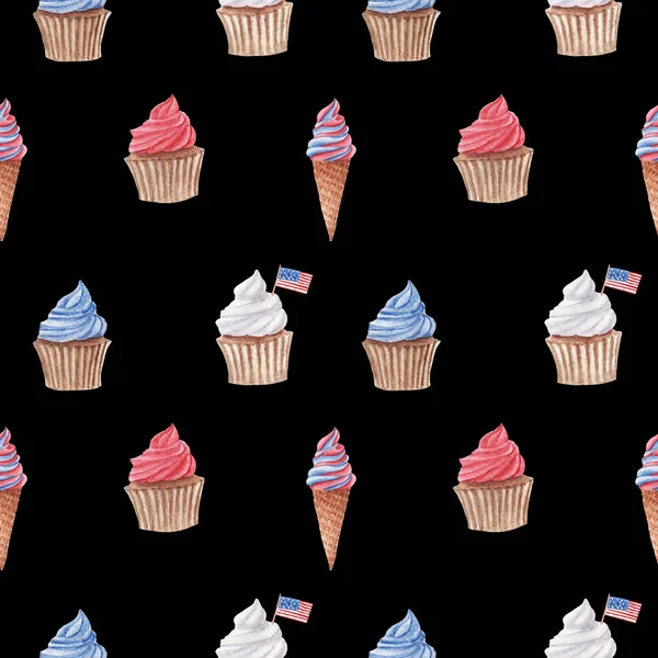 배경에 빨간색 파란색과 케이크와 아이스크림 손으로 수채화 원활한 독립기념일에 포장지 — 스톡 사진