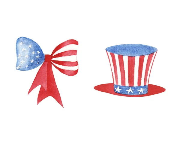 白い背景に隔離された手描き水彩リボンと帽子 赤い青と白の色 アメリカのシンボル フラグの色 グリーティング カード用要素 バナー — ストック写真