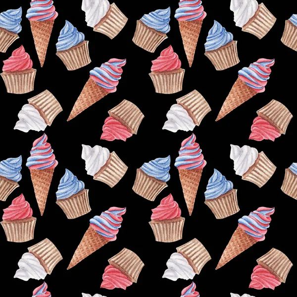 黒の背景に赤 青と白のカップケーキとアイスクリームと手描き水彩シームレスパターン アメリカの独立記念日に包装紙用の印刷物 — ストック写真
